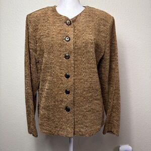 First Option Blazer Womens Small Vintage 90s Brown Herringbone Knit Jacket Coat